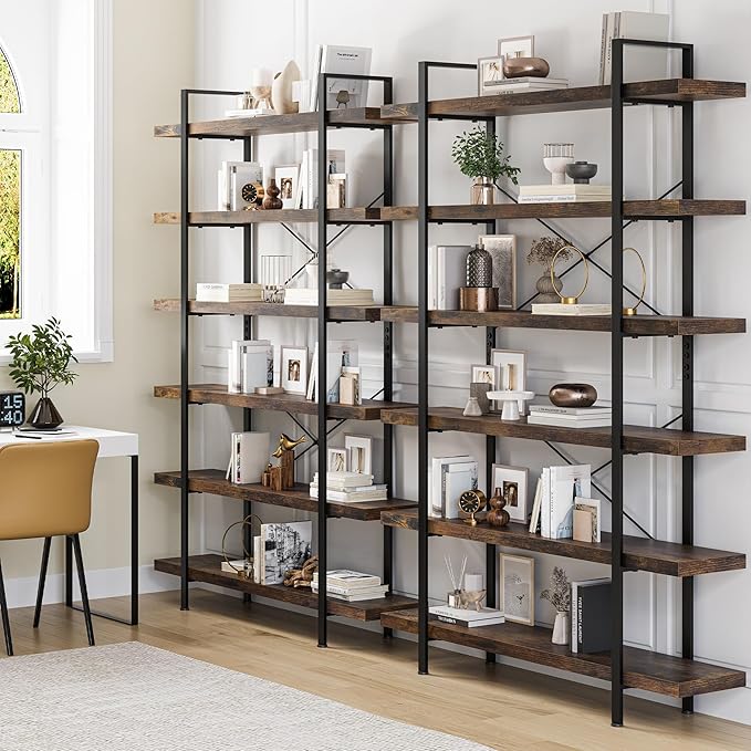 OtterOasis Heavy Duty 6-Tier Industrial Bookcase, 47" Wide Wood Bookshelf for Home Office, 120lbs Shelf Capacity, Rustic Open Shelving Display with Reinforced Horizontal Shelf for Living Room Bedroom