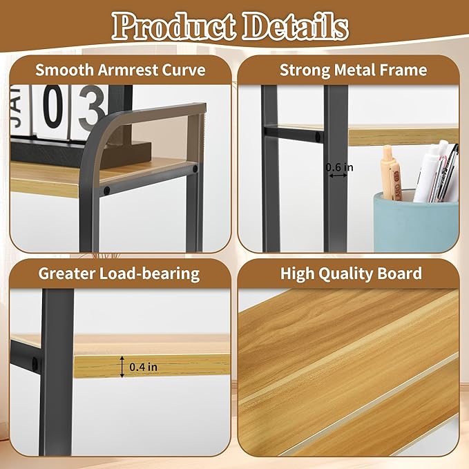 Desktop Shelf Organizer Office Desk Shelf for Top of Desk Wood & Metal Bookshelf Supplies Storage Rack (Black&Walnut)