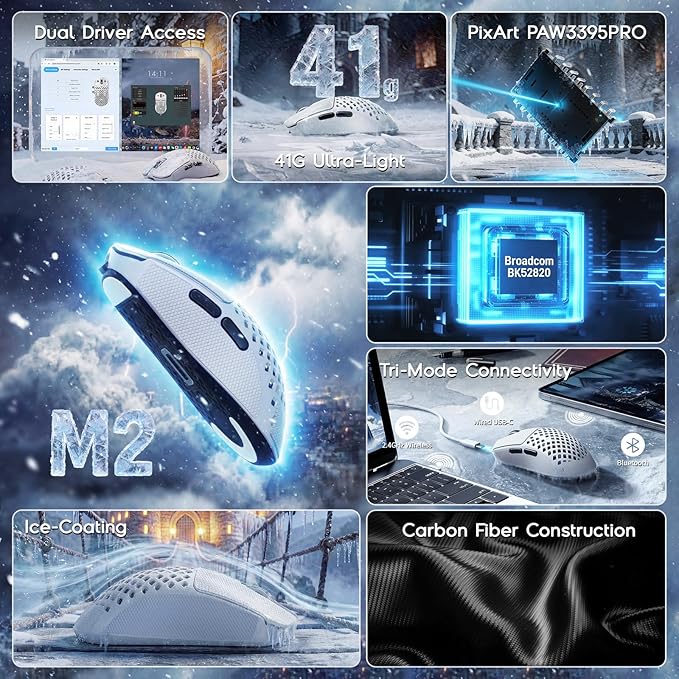 MAMBASNAKE M2 Carbon Fiber Wireless Gaming Mouse,PAW3395PRO 40K DPI Optical Sensor, BT/2.5Ghz/Wired Computer Mice for PC/Mac-White&Griptape