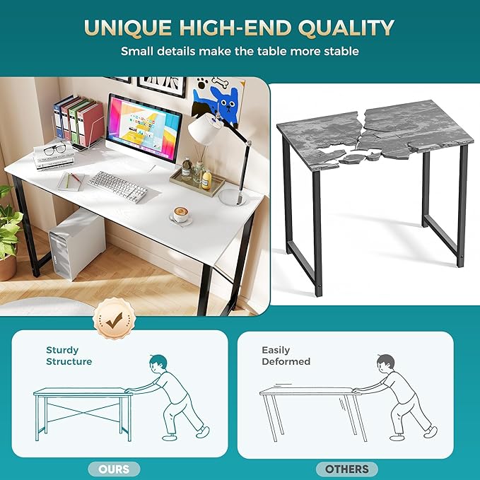DUMOS 47 Inch Computer Desk for Home Office, Modern Study Work Table Simple Modern Style for Bedroom Small Space, Writing Desks with X-Shaped Reinforcement, Wood White
