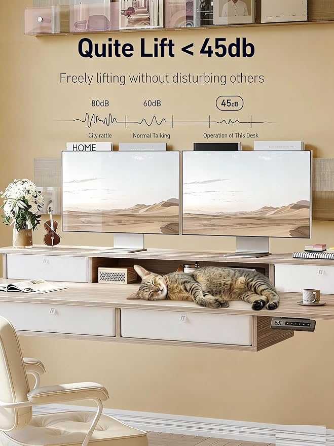 CubiCubi 55" x 30" Standing Desk with Drawers, Height Adjustable Electric Workstation, Computer Sit Stand Up Table with Large Storage Shelf 4 Drawers and 2 Hooks, Light Rustic Brown