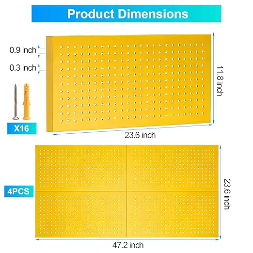 Heavy-Duty Metal Pegboard Panels 4 Pack - 24x12 Inch Reinforced Steel Wall Storage, Scratch & Rust Resistant Tool Organizer for Garage, Shed & Utility Room, Yellow