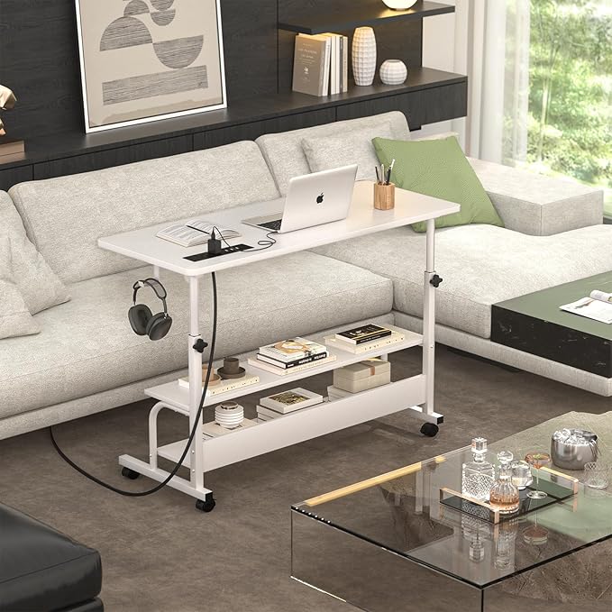 Armocity Rolling Standing Desk with Power Outlets, 39" Manual Height Adjustable Mobile Computer Desk with Wheels, Small Portable Sit Stand Laptop Couch Table for Bed & Sofa Home Office, Whtie