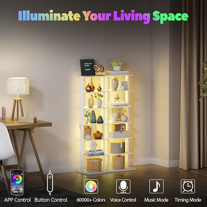 7-Tier Bookshelf, Narrow Bookcase with LED Lights, 47.2 Inch Book Shelf for Small Space, Display Storage Shelf for Living Room, Bedroom, Home Office, Study, White