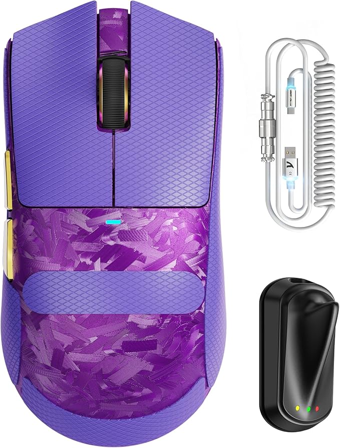 ATTACK SHARK X11 Ultra Carbon Fiber Wireless Esports Gaming Mouse,8k Polling,PAW3950MAX Sensor,63g Ultra-Ligh Ergonomic Gaming Mice,2.4Ghz/BT/Wired,with RGB Coiled Cable-Metallic Purple&Griptape