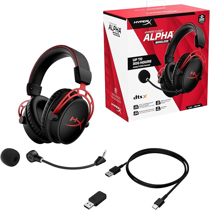 HyperX Cloud Alpha Wireless Gaming Headset for PC with DTS Headphone:X Spatial Audio, Noise-Canceling Mic, Dual Chamber Drivers, Durable Aluminum Frame - 300-Hour Life, Red (Renewed)