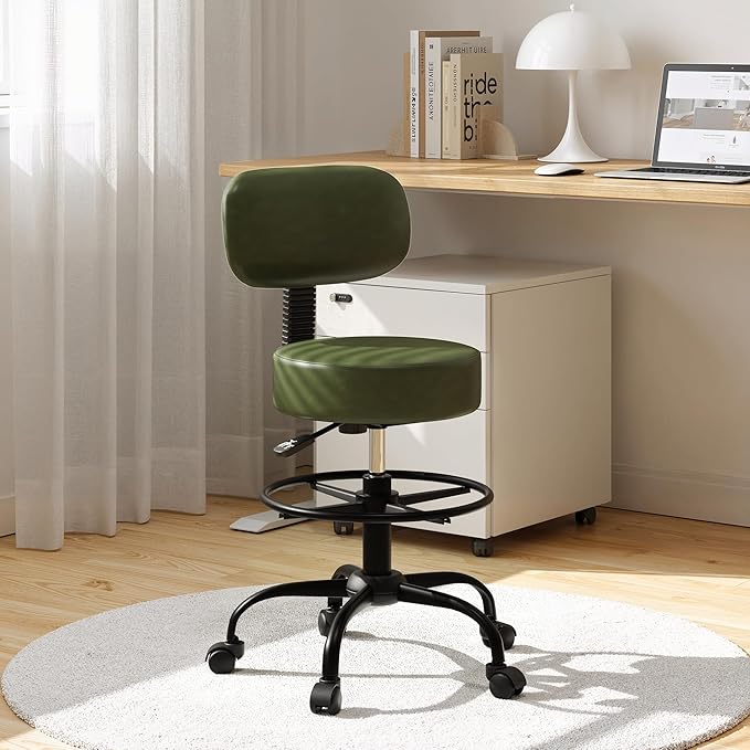 Drafting Chair with Back Support, Adjustable Foot Rest Rolling Stool, 360° Swivel Office Desk Chair with Wheels, Thick Seat Cushion for Home Bar Salon Tattoo Shop (2, Dark Green)
