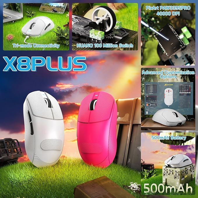 MAMBASNAKE×Attack Shark X8 Plus Wireless Gaming Mouse,55g Lightweight Triple Mode Ergonomic Gaming Mouse,PAW3395PRO 40K DPI Optical Sensor,150h Battery Life,Griptape Programmable Buttons for PC/Mac