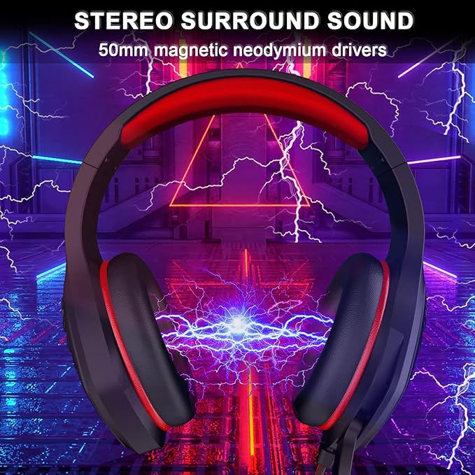 Gaming Headset with Microphone - for PC, PS4, PS5, Xbox One, Xbox Series X|S - 3.5mm Jack Gamer Headphone with Noise Canceling Mic - Black&Red