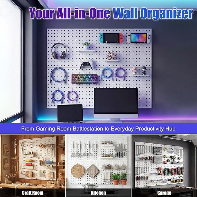 Spampur Peg Board, 4 Pack Metal Peg Board Panels, White PegBoard Wall Organizer for Gaming Room, Office, Craft Room Storage and Organization, Garage Tool Storage, SewingRoom, Workbench