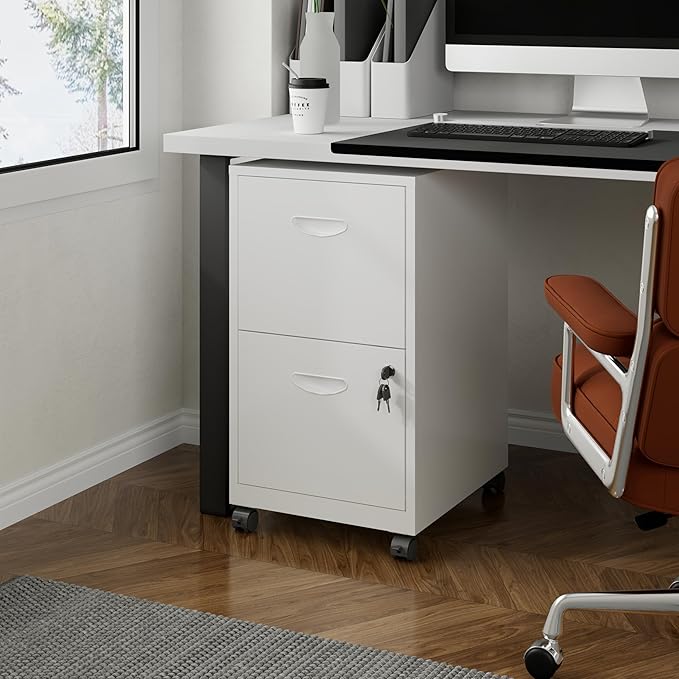 Polup 2 Drawer Rolling File Cabinet on Wheels, Mobile Two Drawer Filing Cabinet with Lock, Small Files Cabinets for Under Desk, Metal Filing Cabinets for Letter Size Folders, White - Assembly Required