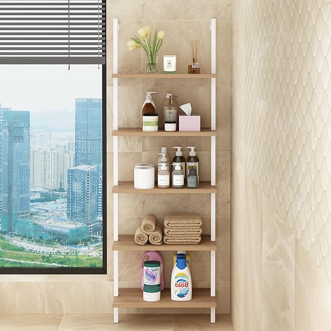 Karl home Ladder Shelf 5 Tier Wall Mounted Bookcase with Metal Frame, Open Design Shelves for Living Room, Bedroom, Home, Office, Oak Color (23.62" L x 11.81" W x 70.87" H)