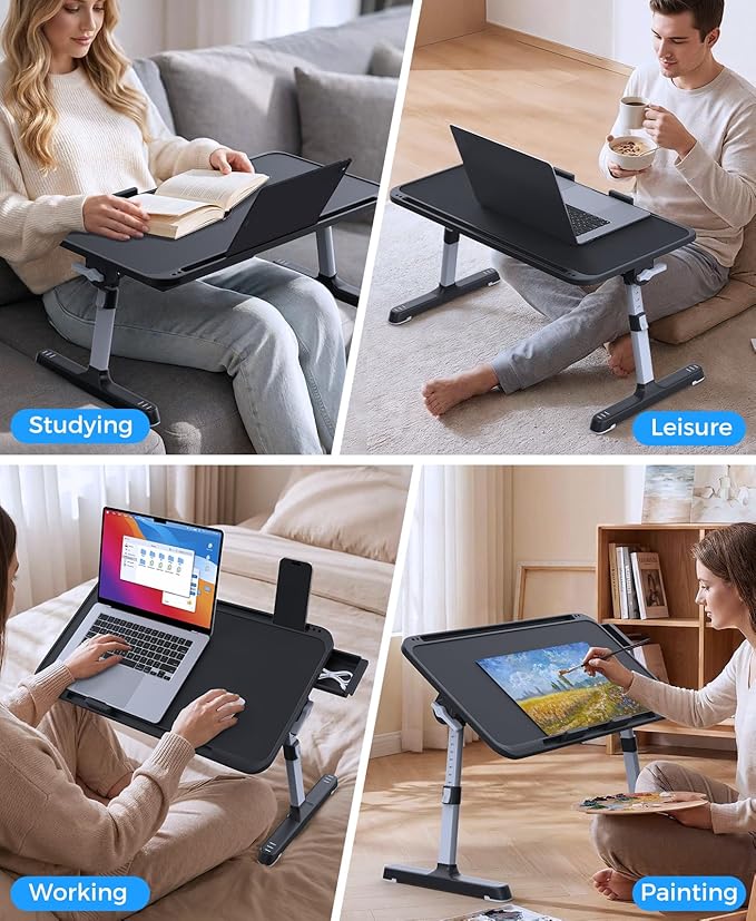 HETTHI Laptop Bed Tray Table, Adjustable Sturdy Laptop Stand for Bed with Premium Materials, Folding Portable Lap Desk with Drawer for Writing Working Reading Eating Couch Floor (Black, 22.04"×12.2")