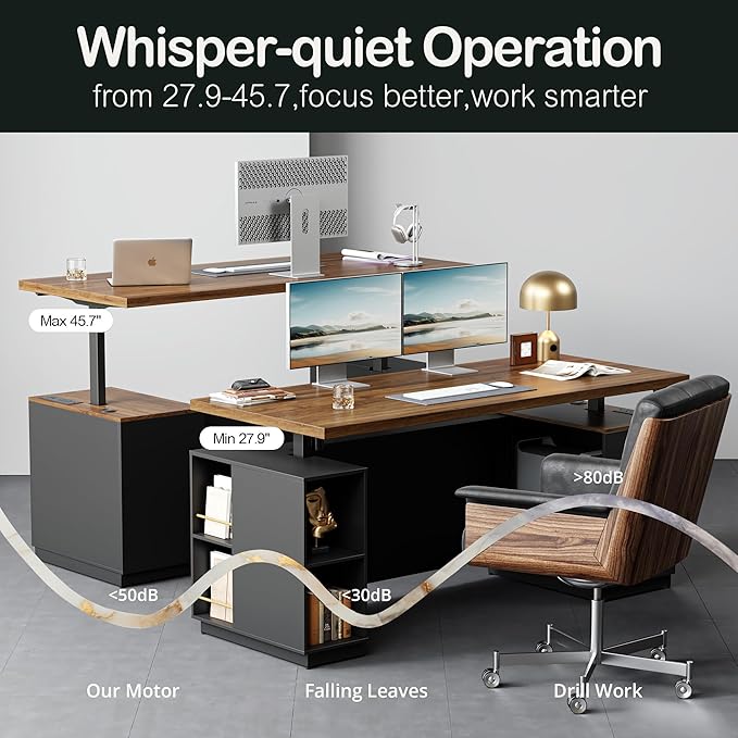 ModernMate Home Office Furniture Set, 71" Electric Standing Desk with 2 Wide File Cabinet, AC/USB, Mobile File Cabinet with Lockable Wheels, Furniture Set with Multiple Functions,Black Walnut