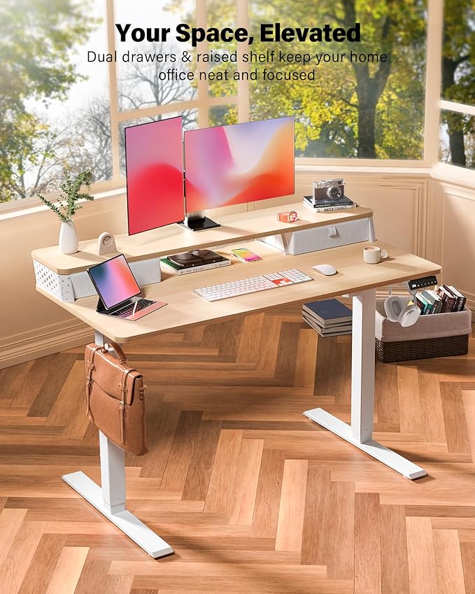 FiCiHi 48x24 Inch Standing Desk with Drawers, C-Clamp Mount Compatible, Electric Adjustable Height Computer Stand Up Desks, Home Office Sit Stand Table with 3 Preset Heights, Maple