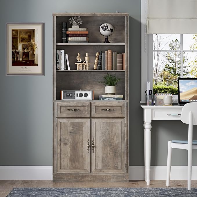 BORNOON 70.1" Tall Bookshelf with Drawers & Cabinet, 5-Tier Floor Standing Bookcase with Storage Doors, Adjustable Shelves & Metal Handles, 31.5" Wide Organizer for Home Office, Living Room