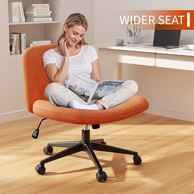 Meilocar Criss Cross Chair with Wheels, Cross Legged Office Chair, Armless Office Chairs Adjustable Height Swivel Tilting Vanity Chairs for Home Bedroom (PU Leather, Orange)