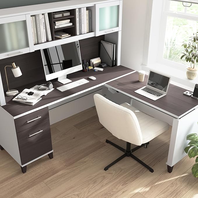 Bush Home Somerset 72W 3 Position Sit to Stand L Shaped Desk with Hutch in White and Storm Gray | Adjustable Height Table for Home Office