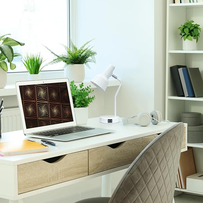 Simple Designs LD1072-WHT 15.2" Sleek Essentials Metal Cone Shade Desk Lamp with Adjustable Shade and Dual USB Ports, for Office, Desk, Nightstand, Dorm, White