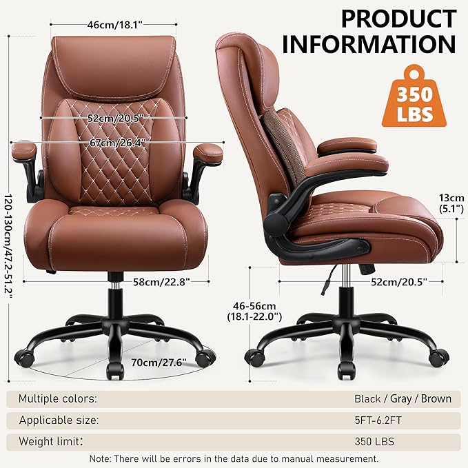 BESTFAIR Office Chair, Ergonomic Computer Desk Chairs with Lumbar Support for Lower Back Pain Relief, Executive Leather Home Chair Comfy with Padded Flip-up Armrests, Brown, 6-Pack