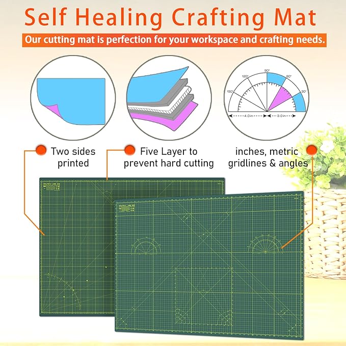 Self Healing Cutting Mat A1 24"x36" – Double Sided 5-Ply Craft Mat for Sewing, Quilting, Fabric, Scrapbooking – Green/Green
