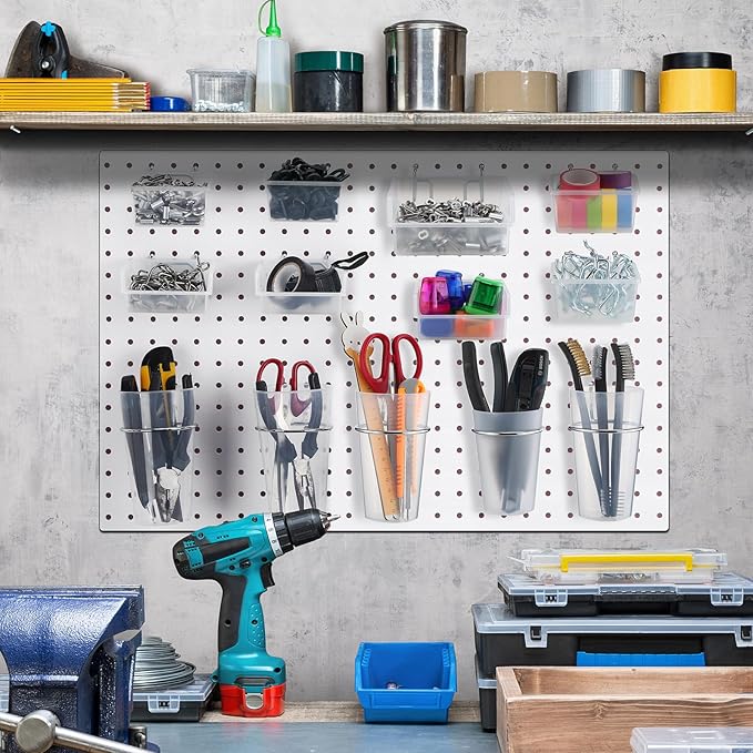 Roowest 60 Pcs Pegboard Cups Pegboard Bins Set, Wall Organizer with Hooks and Loops, Hooks Assortment Organizer Accessory for Office Storage Garage Craft Workshop(Clear)