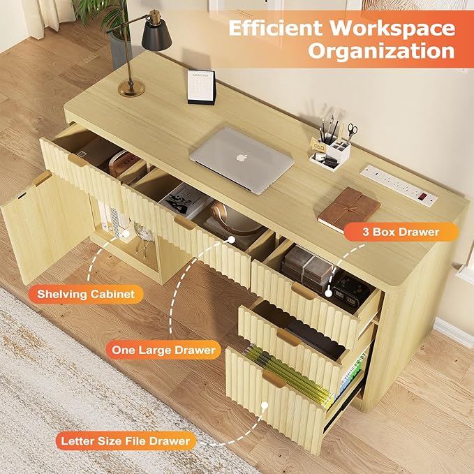knoworld 58" Fluted Executive Desk with Storage & Charging Station Wood Modern Home Office 4 Drawers 1 File Cabinet Storage Computer Writing for Work Living Room Bedroom, Natural
