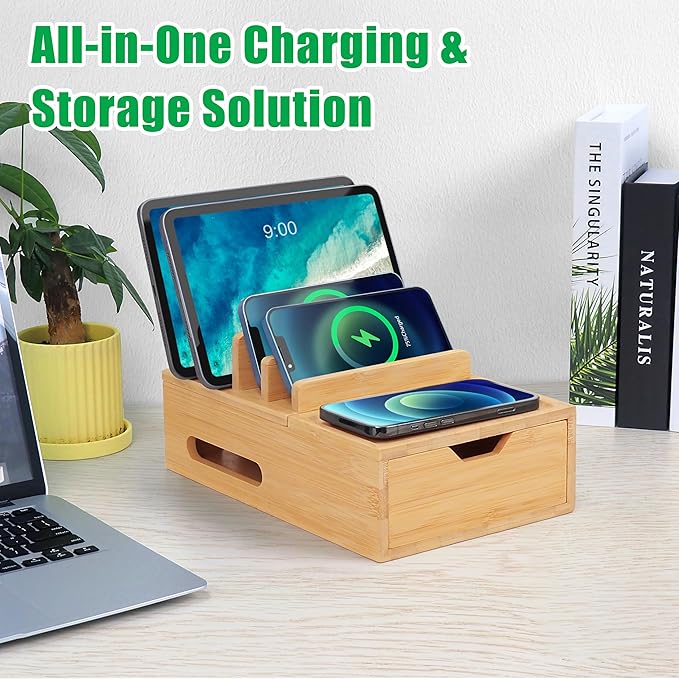 Bamboo Charging Station for Multiple Devices, Desk Charging Organizer with Drawer & Tray, Wood Docking Station Included 6 Cables, Compatible with iPhone Devices, Cell Phone, Tablet (No USB Charger)