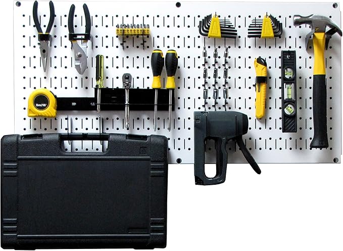 Wall Control Modular Pegboard Tool Organizer System - Wall-Mounted Metal Peg Board Tool Storage Unit for Wall Storage Tiling (White Pegboard)