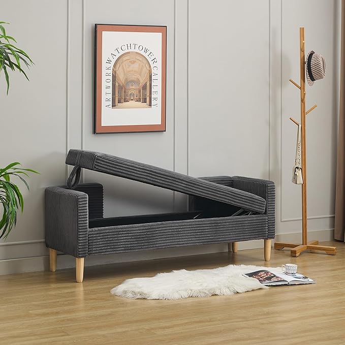 65.35"Wide Upholstered Flip-top Storage Accent Bed Bench, Corduroy Footrest Ottoman with Armrests&Backrest&2 Bolster Pillows Wood Legs for Living Room, End of Bed, Hallway, Entryway Bedroom. Charcoa