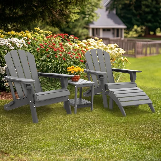 IVY&LANE Outdoor Adirondack Ottoman | Set of 2 | Folding | HDPE | Grey | Waterproof Patio Footrest for Adirondack Chair | Poly Lumber Foot Rest for Deck Backyard Patio
