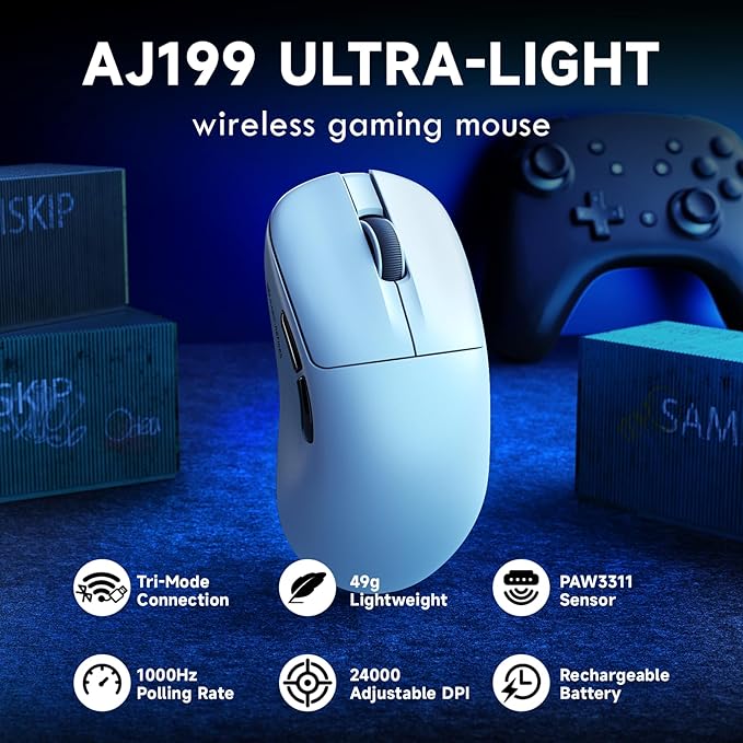 ZIYOU LANG×Magic-Refiner AJ199 Lightweight Wireless Gaming Mouse,Tri-Mode(2.4G/Wired/BT),24K DPI,PAW3311 Optical Sensor,1000Hz Polling Rate,600mAh,49g Ergonomic Mice for Mid-Large Hands-White
