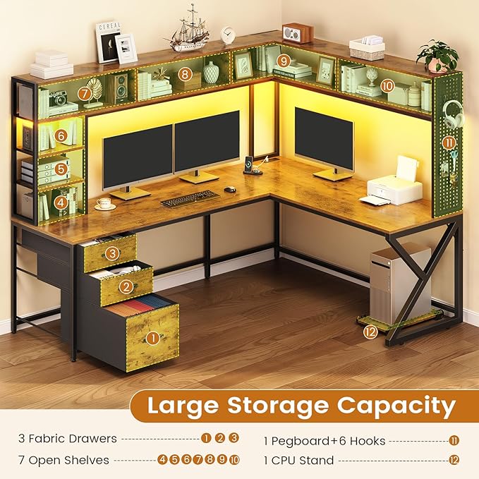 SEDETA L Shaped Desk with Hutch and 3 Drawers, Convertible 94.5" Computer Desk with File Drawer, L Shaped Office Desk with Power Outlet, LED Lights, Storage and Pegboard for Home Office, Brown