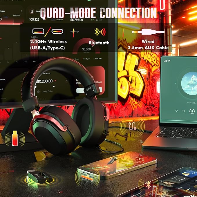 ATTACK SHARK L30Pro Wireless Gaming Headset with 2.4Ghz/BT/Wired, Long Battery Life with Detachable Microphone 7.1 Surround Sound Ultra-Low Latency for PC/PS5/Xbox/Switch/Mobile Black&Red