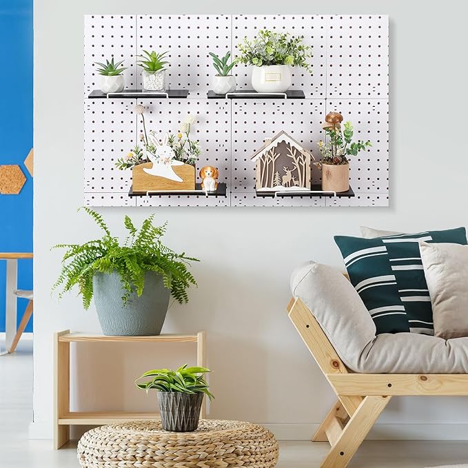 Wonderjune 4 Pcs Wooden Pegboard Shelves with Metal Pegboard Shelf Brackets Peg Board Display Storage Tray Wall Organizer Peg Board Accessories for Craft Room Home Kitchen(Black,9.84 x 5 Inch)
