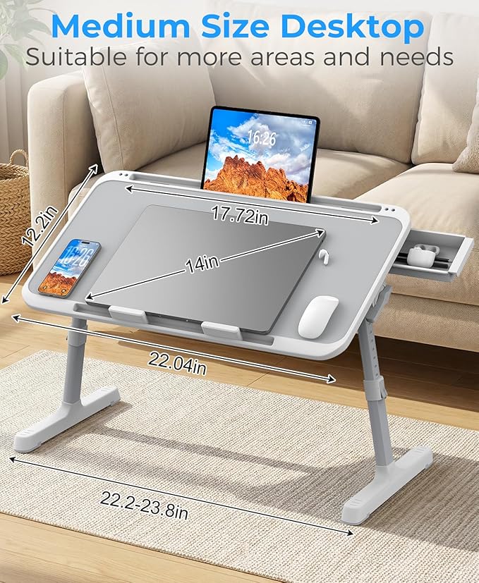 HETTHI Laptop Bed Table, Height & Angle Adjustable Laptop Desk for Bed with Premium Materials, Super Sturdy Foldable Laptop Bed Tray Table with Drawer for Bed Couch Floor (Gray, 22.04"×12.2")
