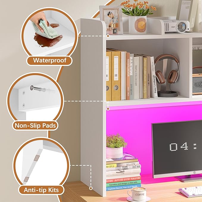 REIBII Desk Hutch Dorm for Computer Monitor Up to 27", Dorm Desk Hutch Top Only with RGB Light Strip, Wooden Desktop Bookshelf with 6 Shelves, 3-Tier Desktop Shelf for Home Office Dorm, White