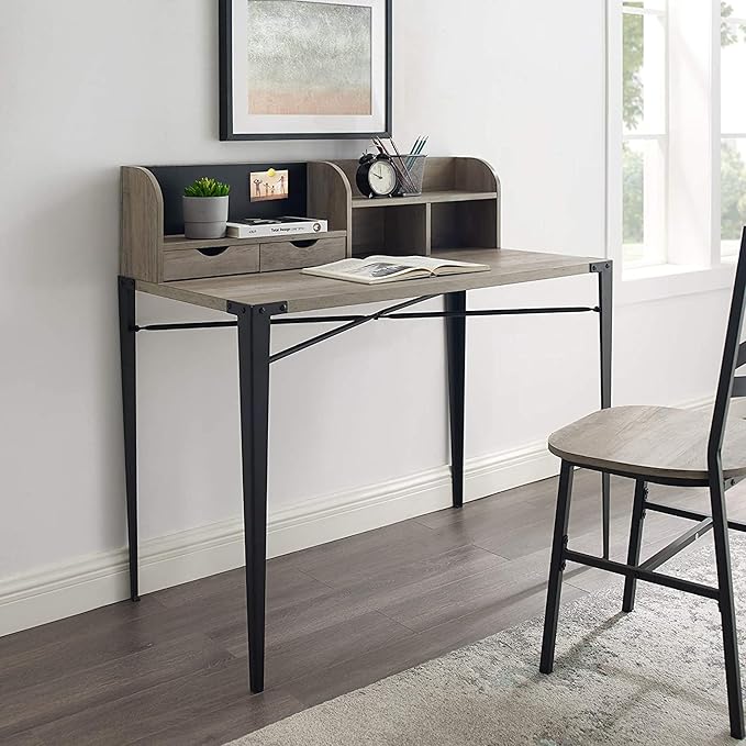Interior Elements Industrial Modern Wooden Secretary Office Desk with Hutch - Grey Wash, 42"