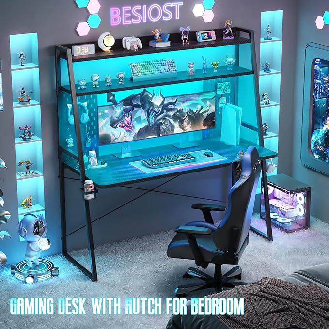 Besiost Gaming Desk with Hutch and LED Lights, Gaming Computer Desk with Power Outlets, Gamer Desk with Storage Shelves, PC Game Desks with Pegboards, for Bedroom, Carbon Fiber Black, 49"