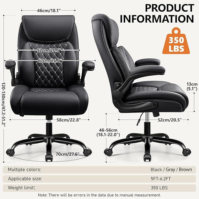 BESTFAIR Office Chair, Ergonomic Computer Desk Chairs with Lumbar Support for Lower Back Pain Relief, Executive Leather Home Chair Comfy with Padded Flip-up Armrests, Black, 4-Pack
