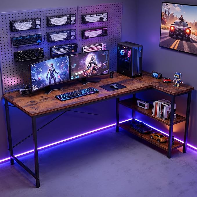 DUMOS 40 Inch L Shaped Desk Corner Computer Gaming Desks Home Office PC Table for Writing Working Study Bedroom with Reversible Storage Shelves, Rustic Brown