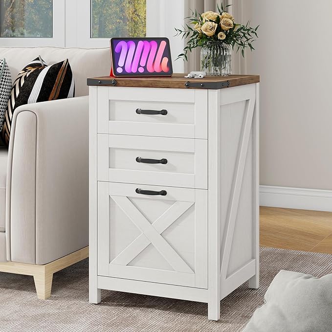 Vabches Vertical File Cabinet with 3 Drawers, Wooden Farmhouse Filing Cabinet for Letter/A4 Size Hanging Files, Under Desk Printer Stand with Storage for Home Office, Rustic White