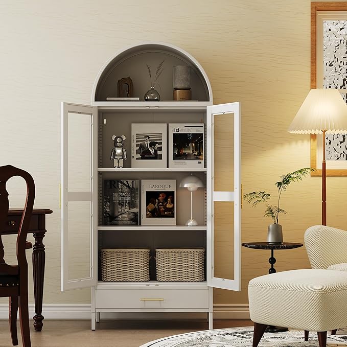 VEXPOR 73" Tall Arched Display Cabinet with Glass Doors, Metal Arched Curio Cabinet with Drawer for Living Room, Home Office, Assembly Required, White