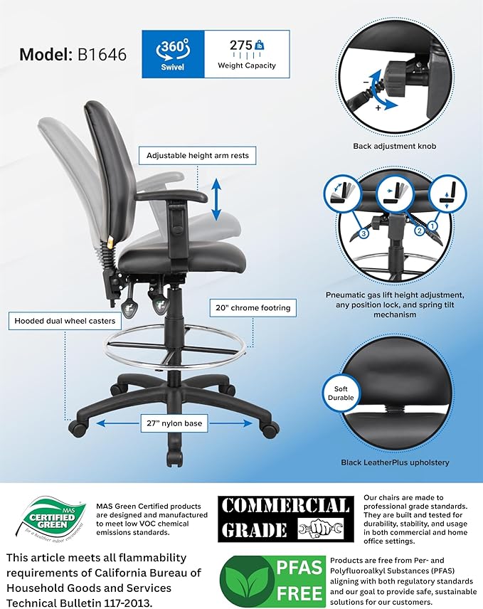 Pemberly Row Multi-Function Leather Drafting Stool, Adjustable Arms, Black Upholstery, Chrome Footring, Hooded Casters, 48" H x 27" W x 35.5" D, Ergonomic Office Chair for Workspace or Studio Use