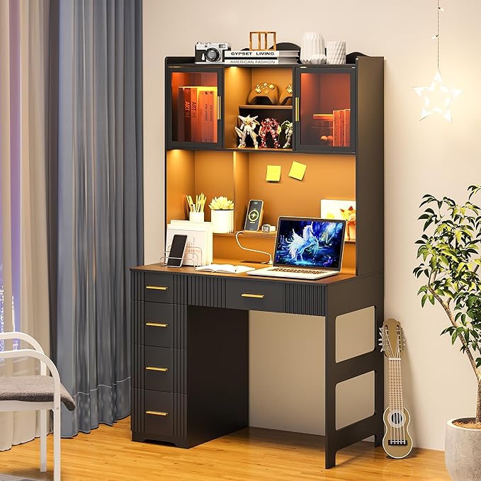 WOOVIVS LED Study Desk with Hutch and Drawer, Home Office Desk with Outlet, Computer Desk with Charging Station, Writing Desk for Bedroom, Workstation for Small Space (Black)
