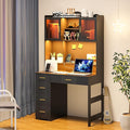 WOOVIVS LED Study Desk with Hutch and Drawer, Home Office Desk with Outlet, Computer Desk with Charging Station, Writing Desk for Bedroom, Workstation for Small Space (Black)