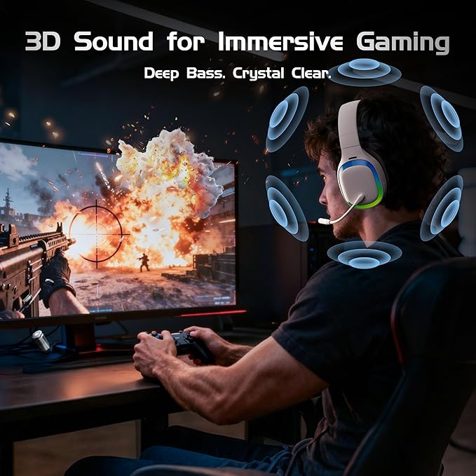 2.4Ghz Wireless Gaming Headset for PS5, PS4, PC, Mac, Bluetooth 5.4 Gaming Headphones with Noise Canceling Mic, 70H Battery, Surround Sound, Lay-Flat & Foldable - RGB White