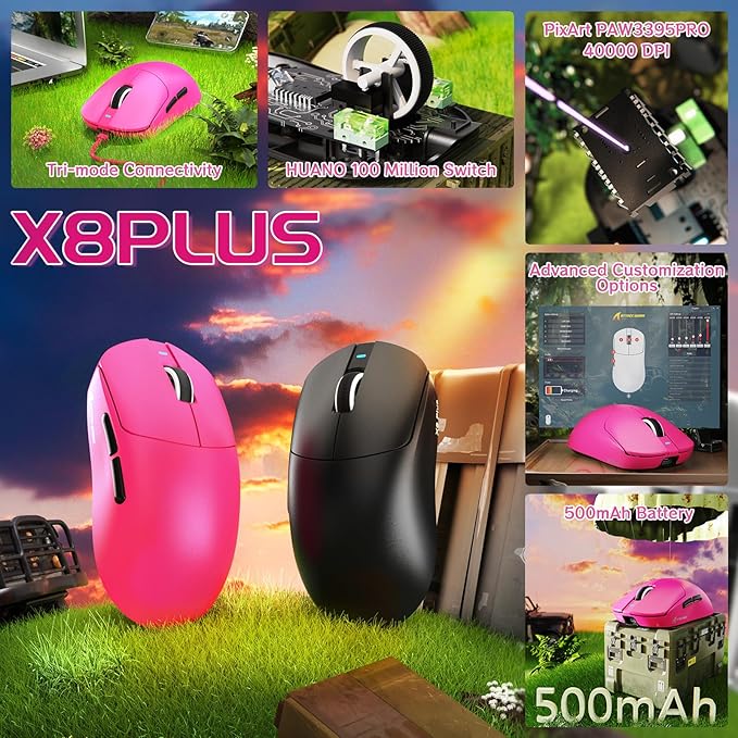 MAMBASNAKE×Attack Shark X8 Plus Wireless Gaming Mouse,Tri-Mode Connection,40000 DPI Ultra Lightweight,PAW3395PRO Sensor,150h Battery Life,5 programmable Buttons for Windows/Mac/Linux/XP-Red