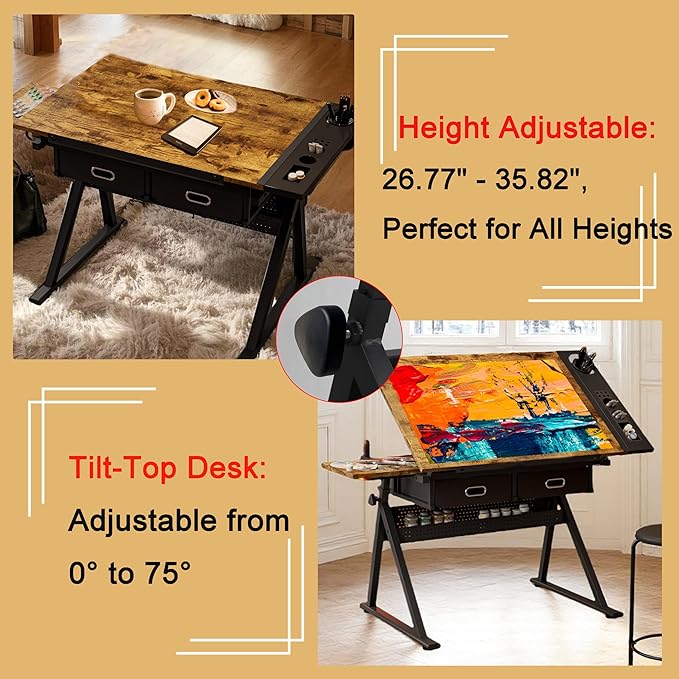 Height Adjustable Drafting Table, Tilting Tabletop Artist Desk w/2 Storage Drawers & Stool, Craft Drawing Table for Painting, Sketching, Home Office, Art Studio (Black+Wood)