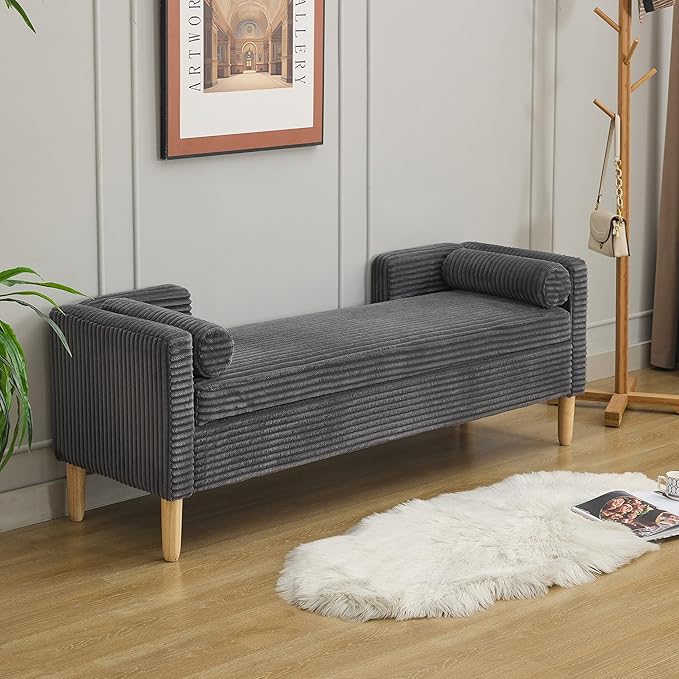 65.35"Wide Upholstered Flip-top Storage Accent Bed Bench, Corduroy Footrest Ottoman with Armrests&Backrest&2 Bolster Pillows Wood Legs for Living Room, End of Bed, Hallway, Entryway Bedroom. Charcoa